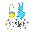 Vector illustration of an Easter Bunny with a basket of eggs. Doodle style lettering. Royalty Free Stock Photo