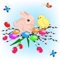 Vector illustration of easter card with a bunny, a chicken and butterflies Royalty Free Stock Photo