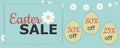 Vector Illustration with easter eggs, camomile flowers, Easter sale phrase, discount, and camomile garland.