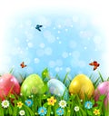 Vector illustration. Easter greeting card with colorful eggs lying on the green grass against the blue sky. Design element, greet Royalty Free Stock Photo