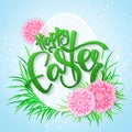 Vector illustration of easter greetings card with lettering - happy easter - with chrysanthemum flowers, grass and big