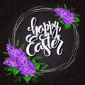 Vector illustration of easter greetings card with lettering - happy easter day, frame, lilac flowers bouquet and doodle