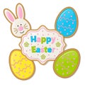 Vector illustration for the Easter holiday. A set of traditional ornaments: eggs, rabbit, cookies, bow. Can be used to