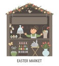 Vector illustration of Easter market stall with saleswoman with place for text. Little shop with spring holiday goods. Cute