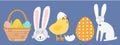 Vector illustration Easter scrapbook and stickers set. Rabbit, chicken, basket with eggs, polka dot egg. A collection of happy