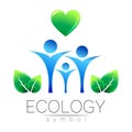 Vector illustration of Ecology symbol. Sign with human family heart and leaf isolated on white background. Green and Royalty Free Stock Photo