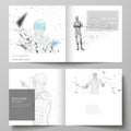 The vector illustration of the editable layout of two covers templates for square design bifold brochure, magazine