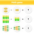 Educational a mathematical game. Logic task for children. subtraction. Vegetables. Potatoes, corn, carrots