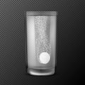 Vector illustration of effervescent tablets, soluble pills falling in a glass with water with fizzy bubbles on