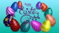 Vector illustration with eggs.. Inscription - happy Easter. Blue