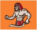 Egyptian Warrior Holding Weapon Game Cartoon Mascot Logo Badge