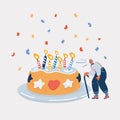 Vector illustration of elderly age man Blowing out the candles on birthday cake. Royalty Free Stock Photo