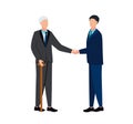 Vector illustration of an elderly man with a cane shakes hands with a man