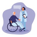 Vector illustration - an elderly man in a wheelchair talking to a doctor.