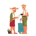 Vector illustration of elderly tourist with laggage and handbag.