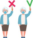 Vector illustration of an elderly woman in a medical protective mask holds true and false signs in her hands