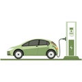 Vector illustration of an electric car charging from EV station. Alternative energy sources sustainable living environment concept