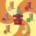 Vector illustration of electric juicer, juices and slices of fruits