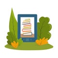 Vector illustration, electronic book with stack of books on the