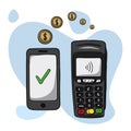 Vector illustration of electronic payments using terminal, smartphone, mobile applications and bank cards