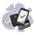 Vector illustration of electronic payments using terminal, smartphone, mobile applications and bank cards