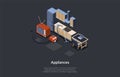 Vector Illustration With Electronics and Appliances For House And Housekeeping. Isometric Home Items And Lorem Ipsum On