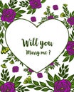 Vector illustration elegant purple wreath frame for lettering will you marry me