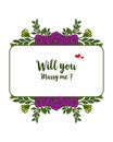 Vector illustration elegant purple wreath frame for lettering will you marry me