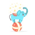 Vector illustration of elephant on big red ball. Circus artist doing trick