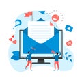 Vector illustration of email marketing & message concept with big letter on desktop with small digital agency managers