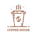 Vector illustration of emblem concept coffee house in line style. Linear brown cup.