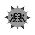 Vector illustration emblem sign symbol with gothic pattern in the form of reflected letters inside on a gray circle with sharp ray