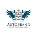 Vector illustration emblem tire wheel , wrench with wings logo. auto service logo