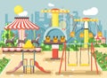 Vector illustration of empty amusement park outdoor with swings, chain or horses carousels, carnival fair roller coaster