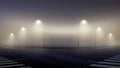 Vector illustration of empty foggy street at night in suburbs, wallpaper mist lit lanterns Royalty Free Stock Photo