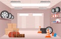 Vector illustration of empty garage interior, with some boxes, tires and bags in flat cartoon style. Royalty Free Stock Photo