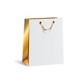 Vector illustration of empty gift paper shopping bag with gold sides. Isolated mock up
