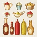 Vector illustration of an engraving style set of different sauces in saucepans and bottles