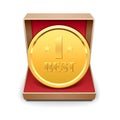 Golden medal in red gift box. Royalty Free Stock Photo