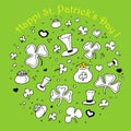 Happy St. Patrick`s Day. Pot of gold, hats, clover, trefoil on a