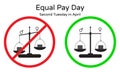 No inequality pay between men and women. Vector illustration of equal pay day on second tuesday in April. Red and green signs, sym