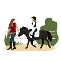 Vector illustration of equestrian sport in flat style. The girl is riding a pony. Woman leads the horse under the knots Royalty Free Stock Photo