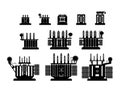 Vector illustration. Equipment electric High Voltage Transformers for substation on a white background. Symbols, steps for succe