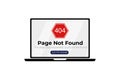 Vector illustration 404 error page not found banner. Laptop with warning sign and text 404.