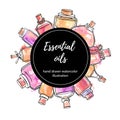 Vector illustration Essential oils. Hand drawn watercolor illustration with circle label.