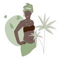 African, American woman silhouette in traditional hair wraps with tropical palm leaf and simple shapes. Vector