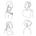 African, American tattoo set avatar contour figure of girl. Simple vector illustration in one line art