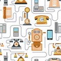 Vector illustration of evolution of communication devices from classic phone to modern mobile phone seamless pattern. Retro vintag Royalty Free Stock Photo