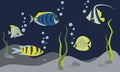 Vector illustration with exotic fish on a blue sea background. Underwater seascape in cartoon style Royalty Free Stock Photo