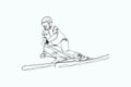 Vector illustration. An experienced female skier descends the mountain. Line drawing. Minimalistic design.